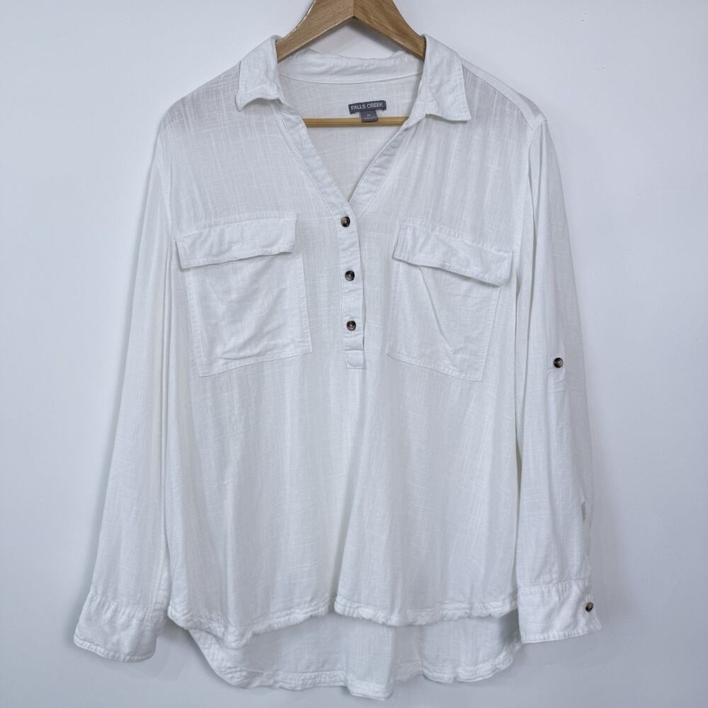 Falls Creek Linen Blend Popover Top Womens Sz 1X Roll Tab Sleeves Pockets Gauzy